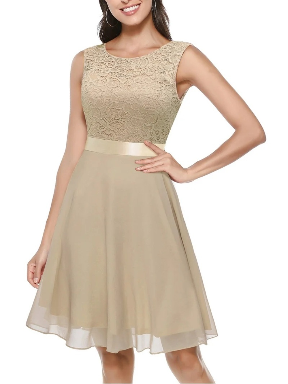 Sleeveless Lace Bodice Knee Length Dress in Champagne Size XL